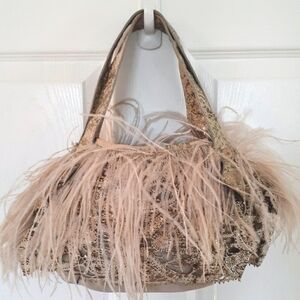 DESMO Leather Lace And Goose Feather Goldtone Metallic Embellished Evening Bag